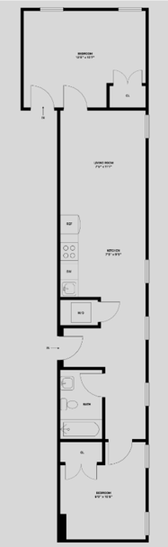 Floor plan for 2 beds, 1 bath, 585 sqft
